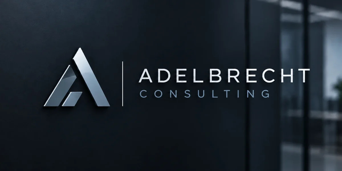 Logo von Adelbrecht Consulting als Wandschild in einem Büro